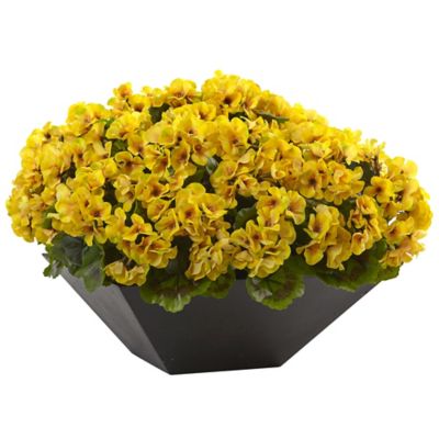 Nearly Natural 15 in. Artificial Geranium Arrangement with Black Planter, UV Resistant, Indoor/Outdoor, Yellow