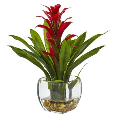 Nearly Natural 12 in. Artificial Bromeliad with Glass Vase Arrangement, Red