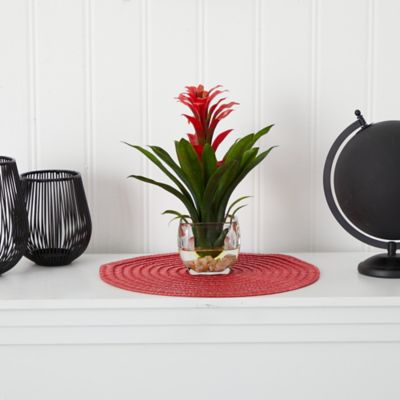 Image showing 3 th Nearly Natural 12 in. Artificial Bromeliad with Glass Vase Arrangement, Red