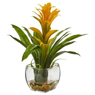 Nearly Natural 12 in. Artificial Bromeliad with Glass Vase Arrangement, Yellow