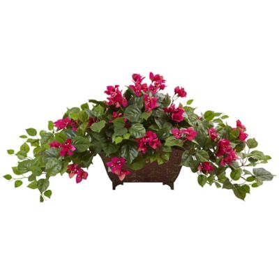 Nearly Natural 17 in. Artificial Bougainvillea Arrangement in Metal Planter, Pink