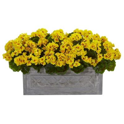 Nearly Natural 18 in. Artificial Geranium Plant in Stone Planter, UV Resistant, Indoor/Outdoor, Yellow