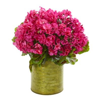 Nearly Natural 20 in. Artificial Geranium Plant in Metal Planter, UV Resistant, Indoor/Outdoor, Pink
