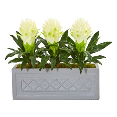 Nearly Natural 19 in. Artificial Bromeliad Plant in Stone Planter