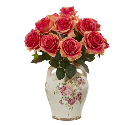 Nearly Natural 16 in. Artificial Rose Arrangement in Flower Print Jar