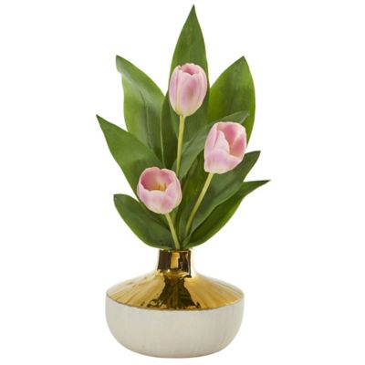 Nearly Natural 18 in. Artificial Tulip Arrangement in Gold and Cream Elegant Vase, Pink
