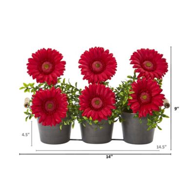 Image showing  14 in. Artificial Gerbera Daisy Arrangement in Trio Metal Vase