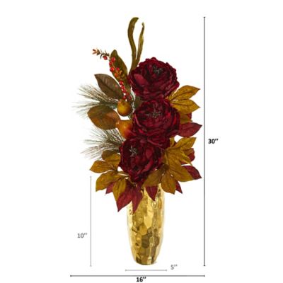 Image showing  30 in. Artificial Peony, Pear and Magnolia Leaf Arrangement in Gold Vase