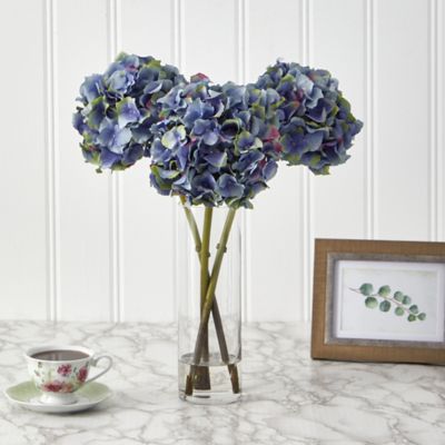 Image showing  18 in. Artificial Hydrangea Arrangement in Glass Vase, Blue