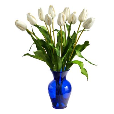 Nearly Natural 22 in. Artificial Dutch Tulip Arrangement in Blue Colored Vase, White