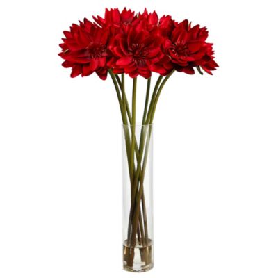 Nearly Natural 30 in. Artificial Lotus Arrangement in Cylinder Vase, Red