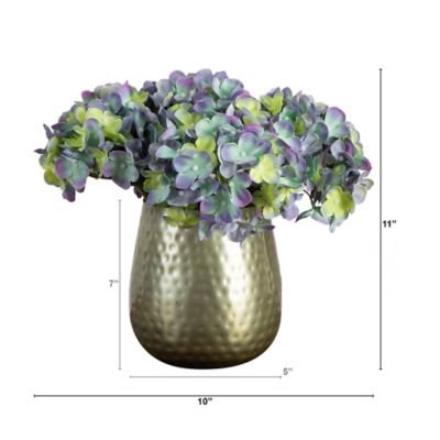 Image showing  11 in. Artificial Hydrangea Arrangement in Gold Metal Vase, Blue