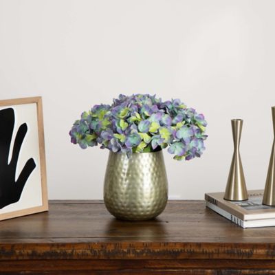Image showing  11 in. Artificial Hydrangea Arrangement in Gold Metal Vase, Blue
