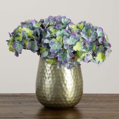 Image showing 5 th Nearly Natural 11 in. Artificial Hydrangea Arrangement in Gold Metal Vase, Blue