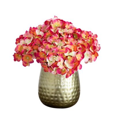 Nearly Natural 11 in. Artificial Hydrangea Arrangement in Gold Metal Vase, Pink