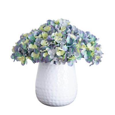 Nearly Natural 11 in. Artificial Hydrangea Arrangement in White Metal Vase, Blue