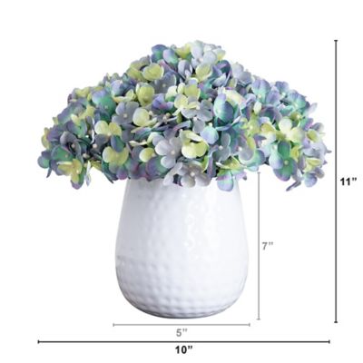 Image showing  11 in. Artificial Hydrangea Arrangement in White Metal Vase, Blue