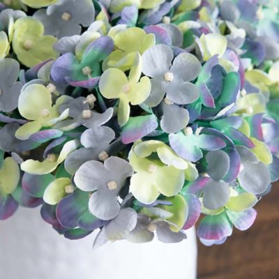 Image showing  11 in. Artificial Hydrangea Arrangement in White Metal Vase, Blue