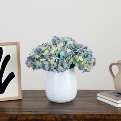 Image showing  11 in. Artificial Hydrangea Arrangement in White Metal Vase, Blue