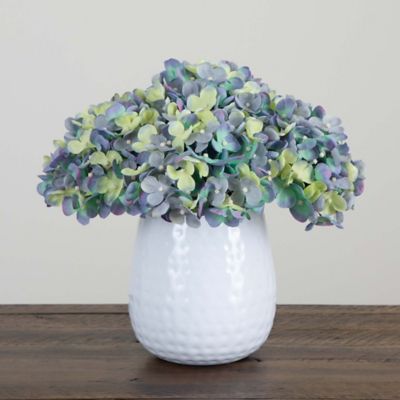 Image showing  11 in. Artificial Hydrangea Arrangement in White Metal Vase, Blue