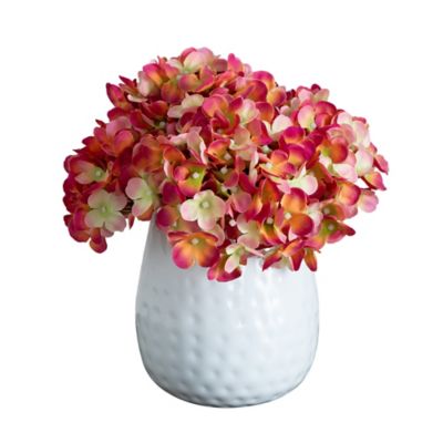Nearly Natural 11 in. Artificial Hydrangea Arrangement in White Metal Vase, Pink