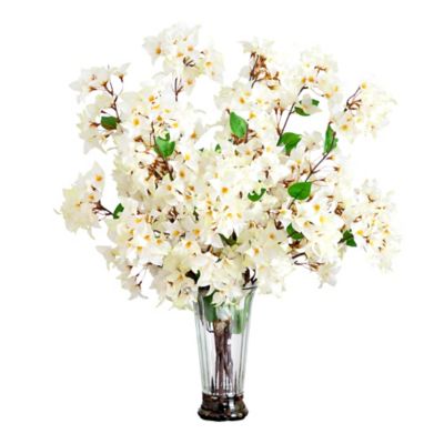 Nearly Natural 30 in. Artificial Bougainvillea Arrangement in Glass Vase, White