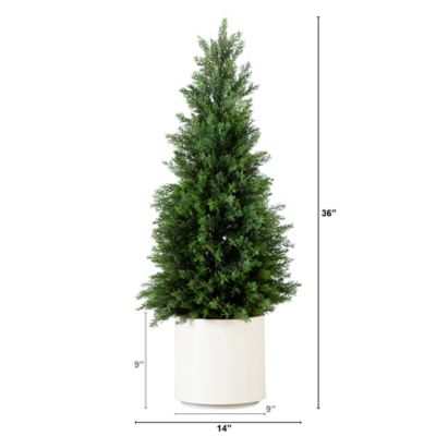 Image showing  3 ft. Artificial Cedar Tree in Decorative White Planter, UV Resistant, Indoor/Outdoor