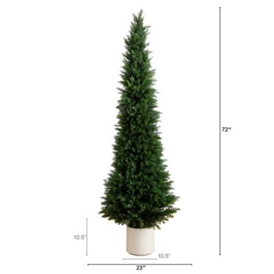 Image showing  6 ft. Artificial Cedar Tree in Decorative White Planter, UV Resistant, Indoor/Outdoor
