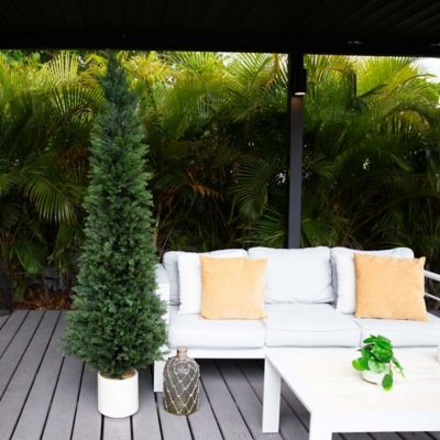 Image showing  6 ft. Artificial Cedar Tree in Decorative White Planter, UV Resistant, Indoor/Outdoor