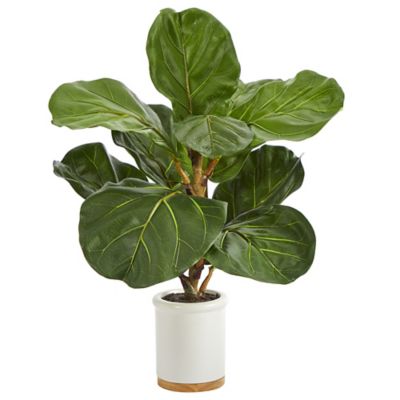 Nearly Natural Artificial 21 in. Fiddle Leaf Tree in White Planter