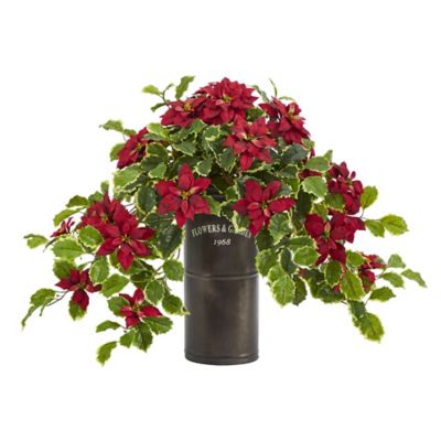 Nearly Natural 21 in. Artificial Poinsettia and Variegated Holly Plant in Decorative Planter, Real Touch, Red