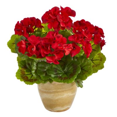 Nearly Natural Artificial 11 in. Geranium Plant in Ceramic Planter, UV-Resistant, Indoor/Outdoor, Red