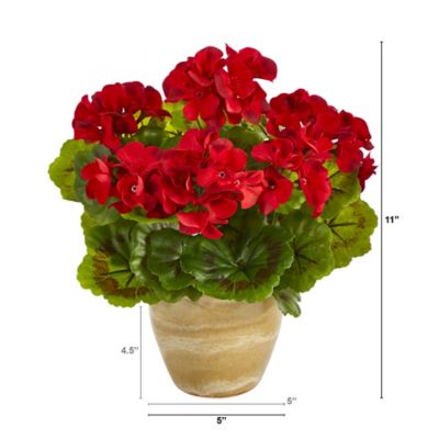 Image showing  Artificial 11 in. Geranium Plant in Ceramic Planter, UV-Resistant, Indoor/Outdoor, Red