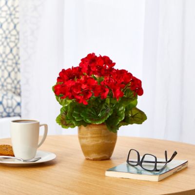Image showing  Artificial 11 in. Geranium Plant in Ceramic Planter, UV-Resistant, Indoor/Outdoor, Red