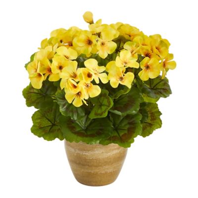 Nearly Natural Artificial 11 in. Geranium Plant in Ceramic Planter, UV-Resistant, Indoor/Outdoor, Yellow