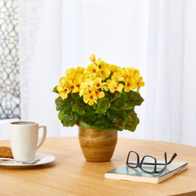 Image showing  Artificial 11 in. Geranium Plant in Ceramic Planter, UV-Resistant, Indoor/Outdoor, Yellow