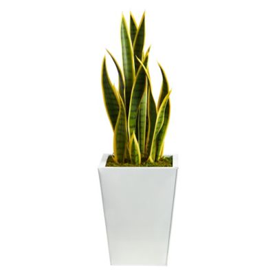 Nearly Natural 31 in. Artificial Sansevieria Plant in Black Metal Planter, White