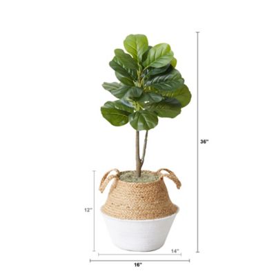 Image showing  3 ft. Artificial Fiddle Leaf Fig Tree with Handmade Cotton & Jute Woven Basket DIY Kit, Green, P1907-WH