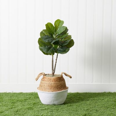 Image showing 7 th Nearly Natural 3 ft. Artificial Fiddle Leaf Fig Tree with Handmade Cotton & Jute Woven Basket DIY Kit, Green, P1907-WH
