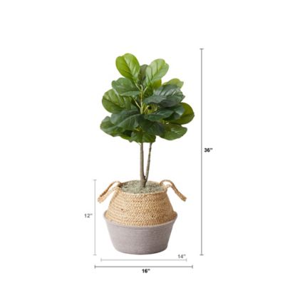 Image showing  3 ft. Artificial Fiddle Leaf Fig Tree with Handmade Cotton & Jute Woven Planter DIY Kit, 2 pc., P1908-S2-GA