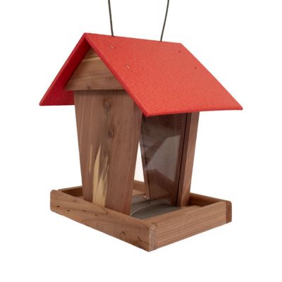 Image showing  Amish Made Cedar & Recycled Plastic Hopper Feeder with Red Roof