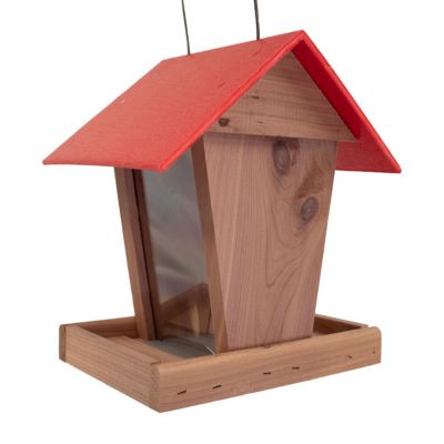 Image showing  Amish Made Cedar & Recycled Plastic Hopper Feeder with Red Roof