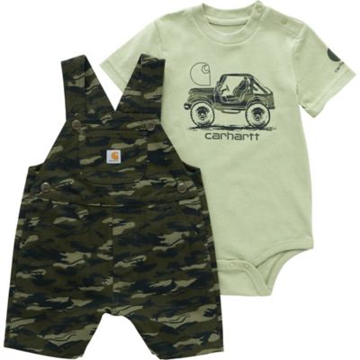 Carhartt Kids' Short Sleeve Bodysuit and Canvas Printed Camo Shortall Set