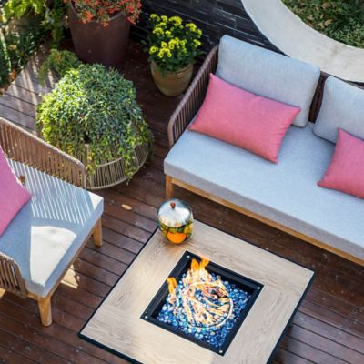 Image showing 5 th OuterMust 30 in. Propane Fire Pit Table, 50,000 BTU Hand-woven Rattan Patio Gas Fire Pit with Lid & Blue Glass Bead