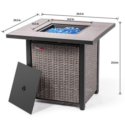 Image showing  30 in. Propane Fire Pit Table with Cover, 50,000 BTU Hand-woven Rattan Patio Gas Fire Pit with Lid & Blue Glass Bead