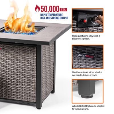 Image showing  30 in. Propane Fire Pit Table with Cover, 50,000 BTU Hand-woven Rattan Patio Gas Fire Pit with Lid & Blue Glass Bead