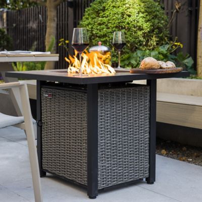 Image showing 7 th OuterMust 30 in. Propane Fire Pit Table with Cover, 50,000 BTU Hand-woven Rattan Patio Gas Fire Pit with Lid & Blue Glass Bead