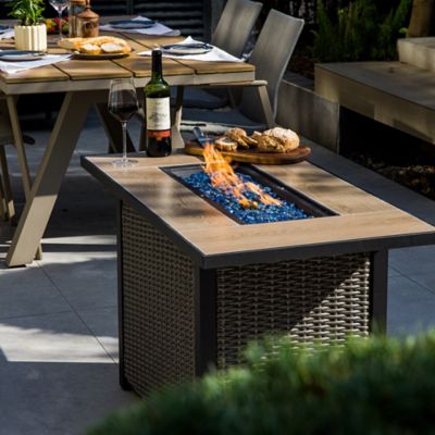 Image showing  42 in. Propane Fire Pit Table, 50,000 BTU Hand-Woven Rattan Outdoor Fire Pit with Lid & Blue Glass Bead