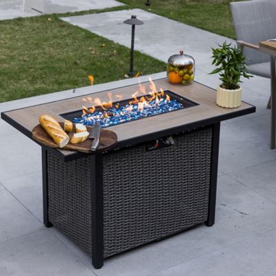 Image showing  42 in. Propane Fire Pit Table, 50,000 BTU Hand-Woven Rattan Outdoor Fire Pit with Lid & Blue Glass Bead