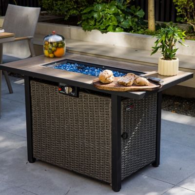 Image showing 5 th OuterMust 42 in. Propane Fire Pit Table, 50,000 BTU Hand-Woven Rattan Outdoor Fire Pit with Lid & Blue Glass Bead
